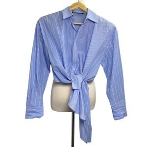 Zara 2-Way Wear Blue Striped Asymmetrical Tie Front Button Down Size XS
